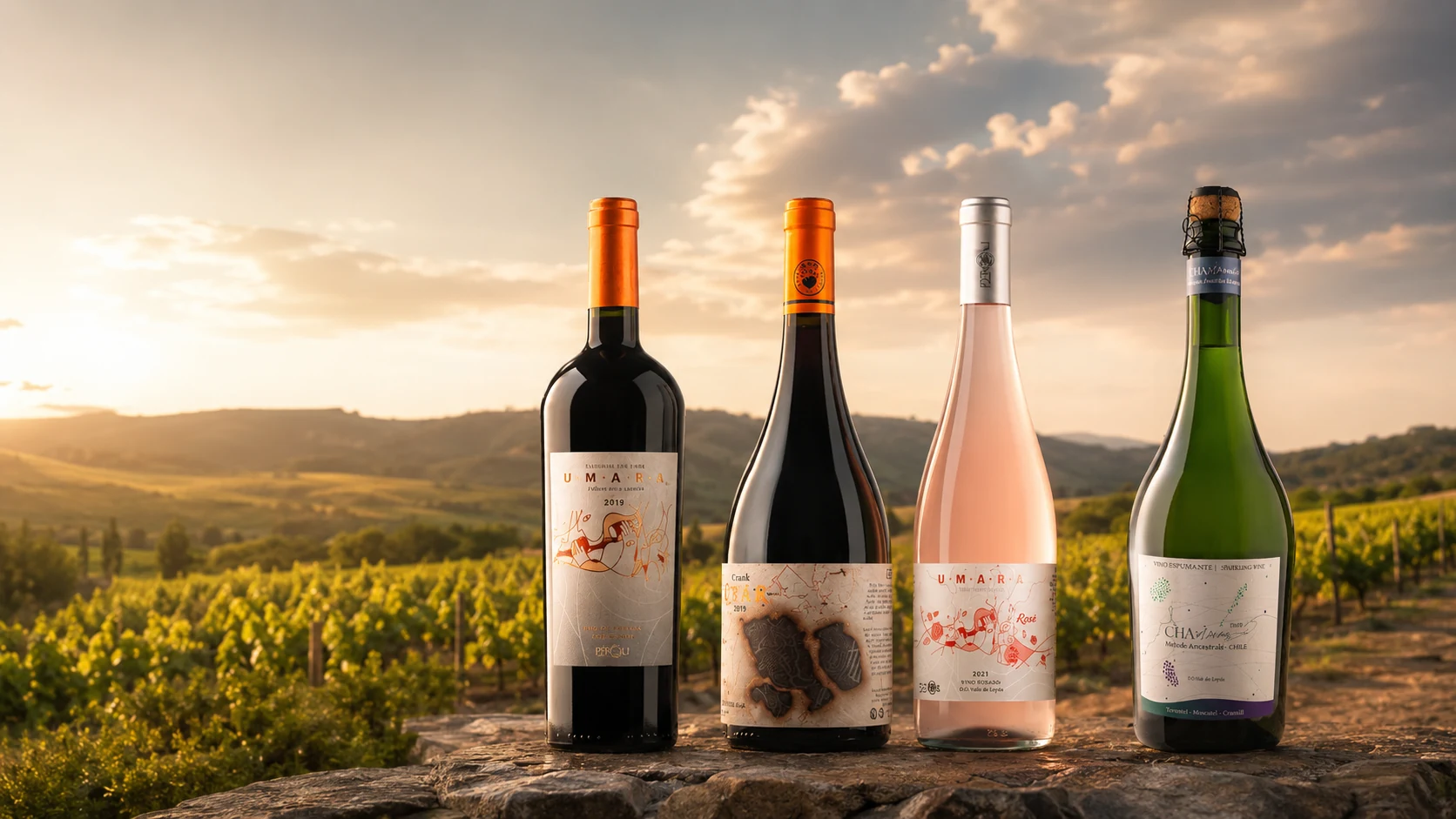 Botellas de Vinos Peroli en un paisaje de viñedos
